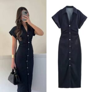 Robe Chemise Élégante en Denim Noir